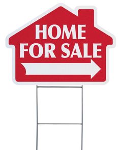 a red home for sale sign with an arrow pointing to the right on a white background