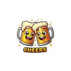 two mugs of beer with the words cheers written on them, and smiling faces