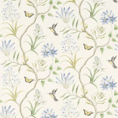 a wallpaper with blue flowers and birds on it