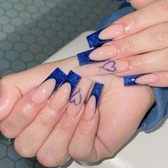 Heart Nail, Girly Acrylic Nails, Dope Nail Designs, Unique Acrylic Nails, Blue Nail