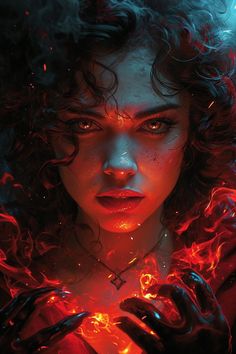 a woman with dark hair and red makeup is surrounded by flames in her hands as she stares into the distance