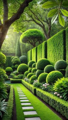 a garden with green hedges and stepping stones