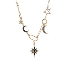 PRICES MAY VARY. Elegant Celestial Design: This beautiful necklace features a unique combination of stars, moons, and an eight-pointed star, adorned with sparkling black and white CZ for a sophisticated and mystical look. Zinc Alloy Construction: Made from durable zinc alloy with gold-tone plating, this necklace offers a long-lasting shine and better resistance to tarnish, making it a reliable accessory for everyday wear. Adjustable Chain for a Better Fit: The necklace is designed with an adjust Eight Pointed Star, Black Pendant Necklace, Star And Moon Necklace, Celestial Design, Paperclip Chain Necklace, Celestial Necklace, Star And Moon, Necklace Elegant, Black Pendant