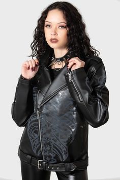 CRANIOCAUDAL.- Faux leather biker jacket.- Statement black-on-black print.- Zip up closure.- Belt detail.- Zip closure pockets.- Cuff zips.- Fitted.- Fully lined.- Unisex, so it's for everyone.Model is 5ft 7 and wears a size L.KILLSTAR branding, 100% PU. 2010 Fashion, Womens Biker Jacket, Faux Leather Biker Jacket, Shiny Leggings, Clothing Patches, Super Cute Dresses, Leather Biker Jacket, Gothic Outfits, Jacket Women