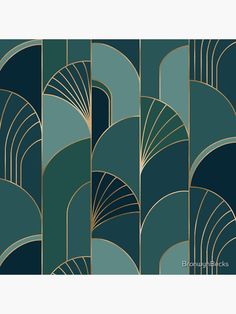 an art deco wallpaper design in shades of blue, green and gold with fan shapes