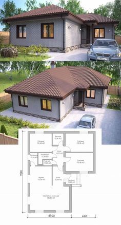 two story house plan with garage and living room in the front, one bedroom on the second