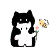 a black and white cat holding a pink flower next to a bee on a white background