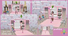 the doll house is pink and has lots of furniture, including a table with chairs