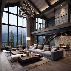 a living room filled with furniture and a fire place in front of a window overlooking the mountains