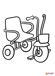 a black and white drawing of a stroller with wheels on the front, one wheel attached