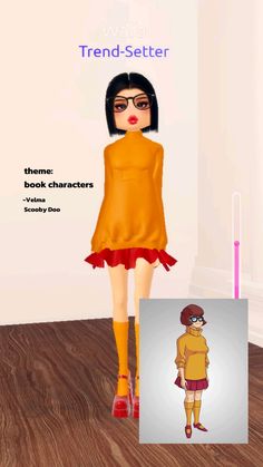 a cartoon girl with glasses and an orange dress