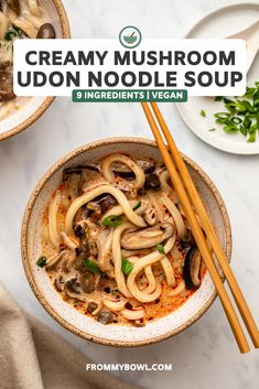 two bowls filled with udon noodle soup and chopsticks next to each other