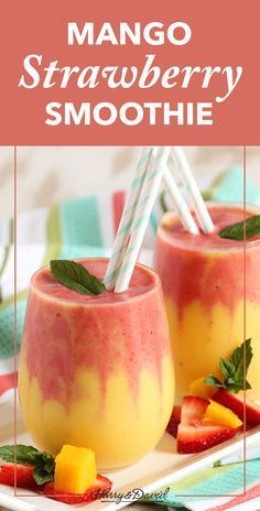 mango strawberry smoothie in glasses with strawberries and mint on the side, text overlay reads mango strawberry smoothie