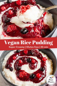 vegan rice pudding in a pan with berries and whipped cream on top, ready to be eaten