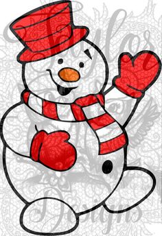 a drawing of a snowman wearing a red hat and mittens with his arms in the air