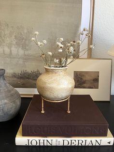 there is a vase with flowers in it on top of a book