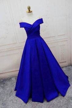 Blue Off-shoulder Gown For Prom, Royal Blue Ball Gown For Banquet, Fitted Royal Blue Ball Gown For Evening, Elegant Off-shoulder Ball Gown For Formal Events, Royal Blue Ball Gown For Prom Season, Elegant Blue Strapless Ball Gown, Prom Royal Blue Ball Gown Evening Dress, Blue Strapless Ball Gown For Evening, Blue Fitted Off-shoulder Dress For Wedding