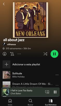 the new orleans jazz app is on an iphone device, with music playing in it