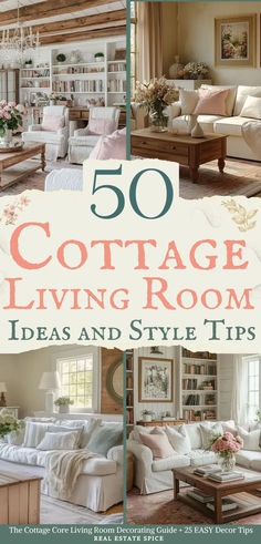 says 50 cottage living room ideas and style tips with 4 photos of cottage core living rooms with vintage and modern style combined below says the cottage core living room decorating guide plus 25 easy decor tips Modern Cottage Core Interior Design, Cost Cottage Living Room, Cottage Country Living Room, Cottage Core Living Rooms, Cottage Core Living Room Ideas, Farmhouse Cottage Living Rooms, Shabby Chic Farmhouse Living Room, Rustic Cottage Living Room, Cottage Farmhouse Living Room