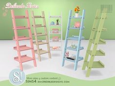 three wooden ladders are shown in different colors and sizes, one is pink, the other is blue