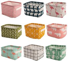 six different patterns of storage baskets with elephants and flamingos on the front, in various colors