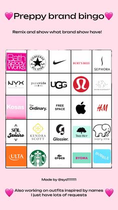 a pink poster with the words prepy brand bingo on it and many different logos