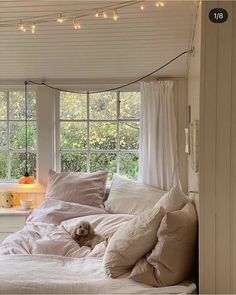 a dog laying on top of a bed in a room with lights strung from the ceiling