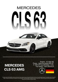 the mercedes cls63 is shown in black and white