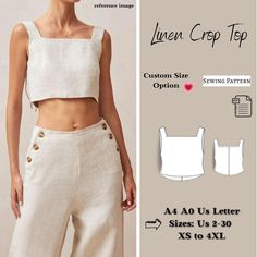 the crop top sewing pattern is available in sizes up to 4xl and has buttons on