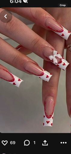 Cute Valentines Nail Designs, Red V Day Nails, White French Tips With Red Design, Red White French Tip Nails, Kiss Print Nails, Valentines Nails Designs Red, Korean Valentines Nails, Valentines Acrylic Nail Designs, Valentine S Day Nail