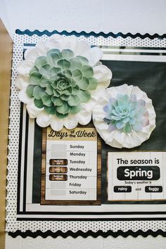 a bulletin board with flowers on it and the words spring written in white letters below