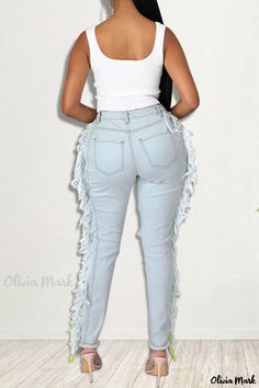 Olivia Mark - Premium Straight-Leg Denim Jeans featuring Delicate Light-Colored Tassel Ripped Accents Straight Denim Jeans, Yellow Tees, White Sleeveless Dress, Straight Leg Denim, Ripped Denim, Womens Clothing Stores, Pants Straight, Collar Dress, Wholesale Fashion