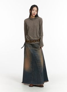 Washed Denim Maxi Skirt CJ418 - Korean Women's Fashion | LEWKIN Slim Fit Hoodie, Hoodies Womens Fashion, Kiko Mizuhara, Denim Maxi, Korean Fashion Women, Beige Top, Denim Skirts, Denim Maxi Skirt, Hooded Tops