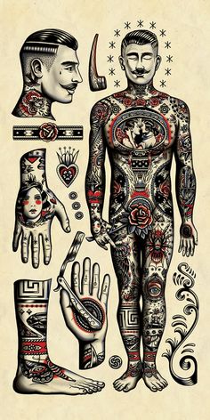 a drawing of a man with tattoos on his body and hands in front of him