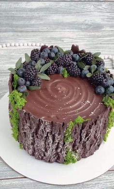 a cake with chocolate frosting and berries on top