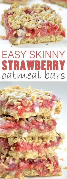 strawberry oatmeal bars stacked on top of each other with text overlay