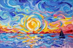 a painting of a sailboat in the ocean at sunset with clouds and sun behind it