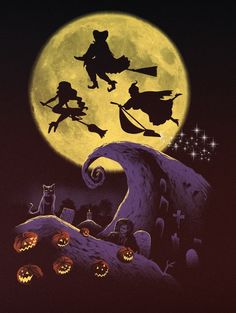 a halloween scene with pumpkins and witches flying in the sky