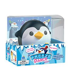 a penguin in a box with an iceberg on it's head and the words freeze dance