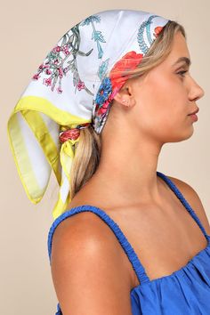 The easiest way to spruce up any 'fit is by adding the Lulus Sweet Flourishment White Multi Floral Satin Scarf! Sleek woven satin shapes this too-cute scarf that features a classic square silhouette with a bright yellow border and an array of multicolored flowers that will add a fresh finish to any look! Style this must-have piece as a top, hair accessory, or tie around your favorite handbag. Measures 26" Long And 27" Wide. Shell: 100% Polyester. Hand Wash Cold. Do Not Bleach. Line Dry. Iron Low White Satin Scarf For Spring, Elegant White Bandana For Spring, Spring Floral Print Casual Bandana, Elegant Multicolor Bandana For Spring, Casual Spring Floral Print Bandana, Multicolor Floral Print Headscarf For Spring, Casual Multicolor Headscarf For Spring, Casual White Silk Scarf For Spring, Multicolor Satin Silk Scarf For Spring