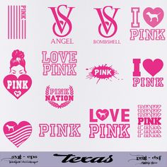 various pink stickers are shown on a white background