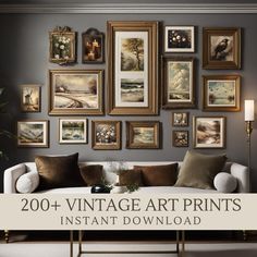 a living room with pictures on the wall and an image above it that reads, 200 + vintage art prints instant download