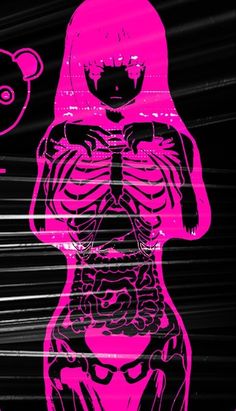 a pink poster with a skeleton in the shape of a human body and a teddy bear