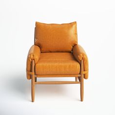 a brown leather chair with arms and legs