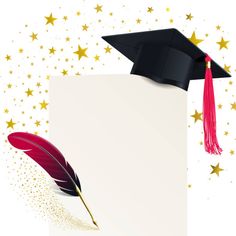 a graduation cap and feather quill on top of a white paper with gold stars