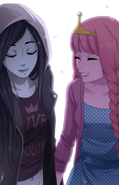 two girls with long hair are looking at each other