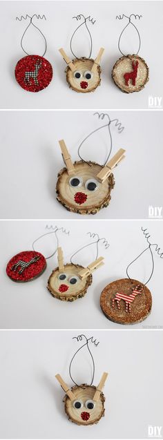 four different pictures showing how to make christmas ornaments with wood slices and glue on them