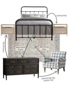 a bedroom with furniture and accessories labeled