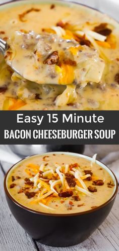 bacon cheeseburger soup in a black bowl with a spoon on the side and text that reads easy 15 minute bacon cheeseburger soup