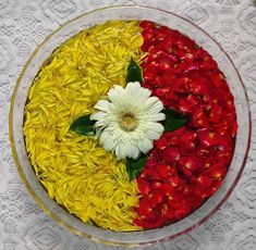 a bowl filled with different colored flowers on top of a white tablecloth covered table